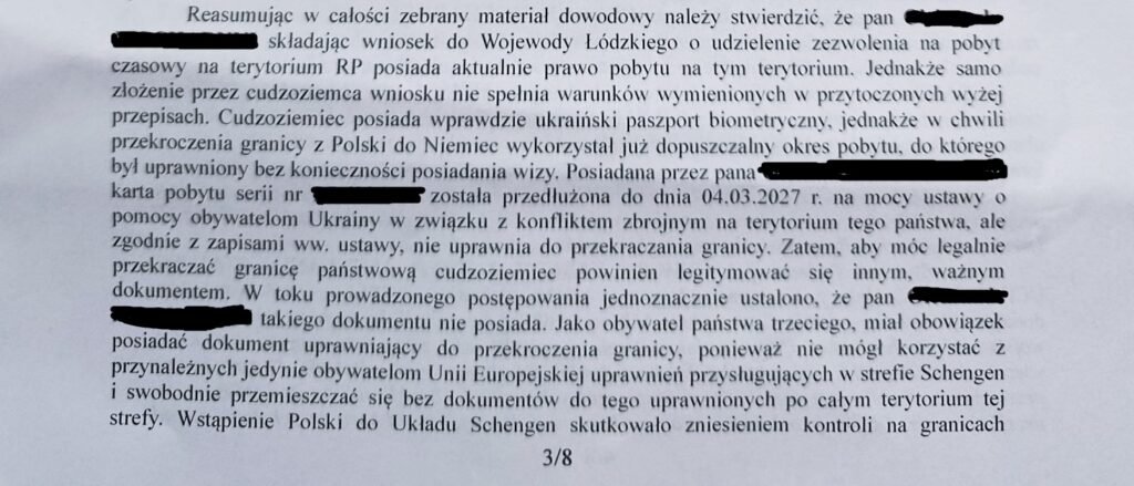 Fragment uzasadnienia decyzji Straży Granicznej dotyczący prawa pobytu w Polsce i przekraczania granicy Schengen